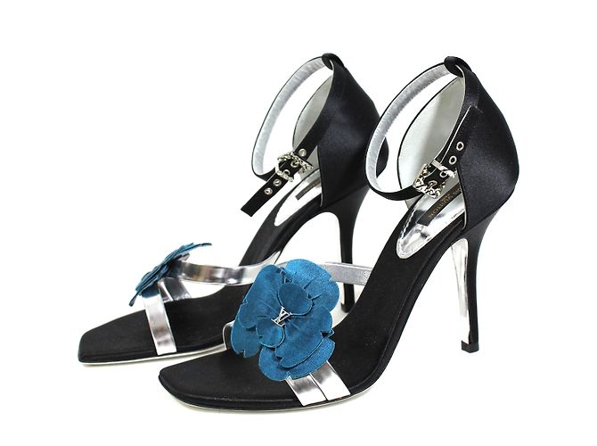 Sandali Louis Vuitton in satin nero e pelle argento 37