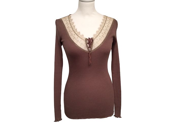 Top de seda Pinko taupe com decote em renda dourada
