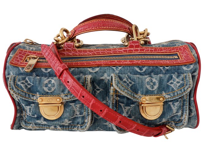 Louis Vuitton Blue Denim Red Alligator Handbag