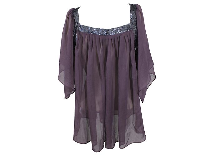 Topshop Top Prune Polyester Chiffon with Grey Sequins