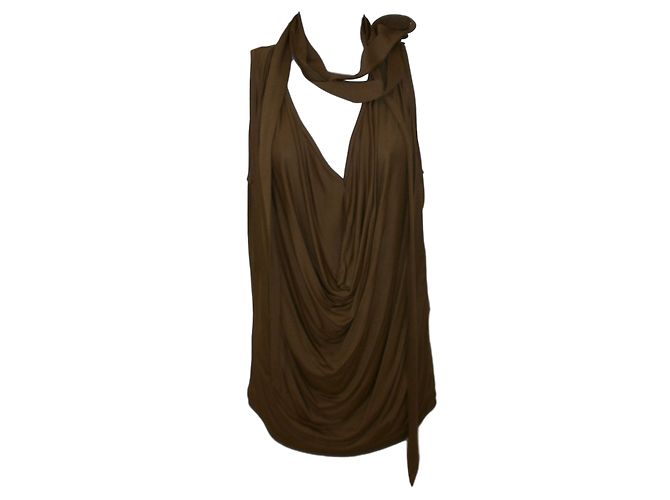 Plein Sud Top de Viscosa con Cuello en V Drapeado Camel Caramelo