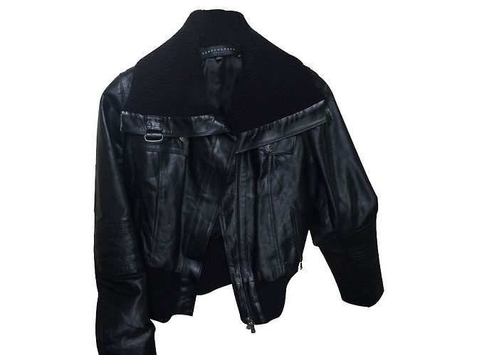 Ventcouvert Black Leather Aviator Biker Jacket