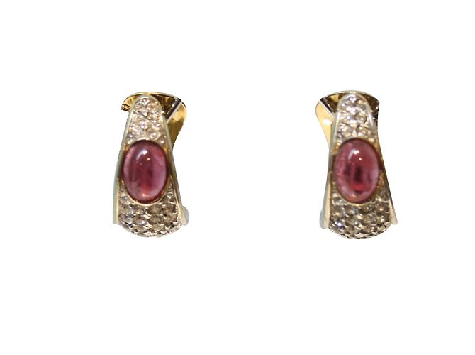 Autre Marque Brincos de metal dourado com strass e cabochão rosa