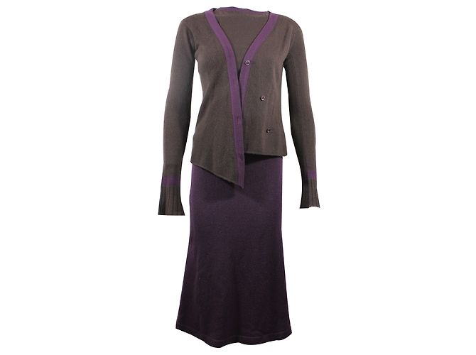 Completo Chanel 3 Pezzi Cardigan Top e Gonna Lana Cashmere Marrone Viola Porpora