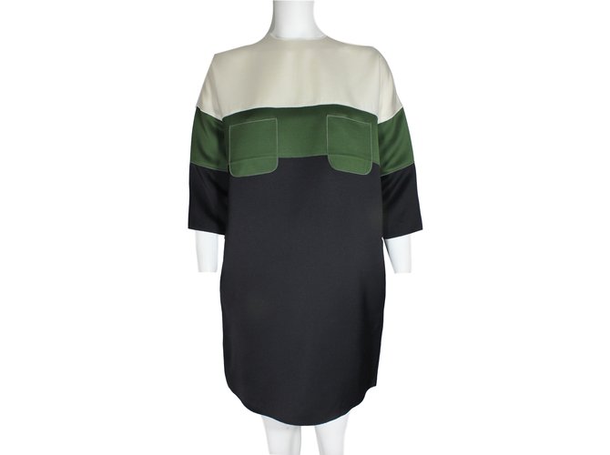 Céline Vestido Negro Verde Crema Seda Lana  ref.18054