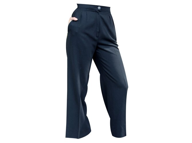 O ano inteiro perfeito calça chanel vintage 90s calças pretas de lã / seda de cintura alta Preto  ref.19302