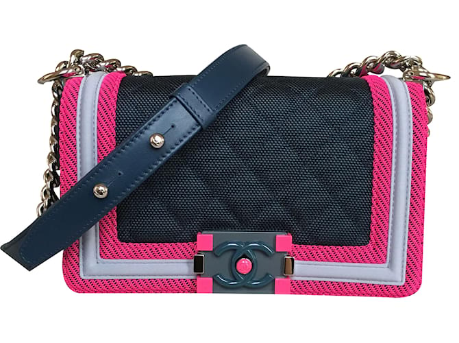 CHANEL Runway Small Le Boy Flap With Silver Shiny Chain Navy Blue/Fuchsia/Gray Bag Multiple colors  ref.19844