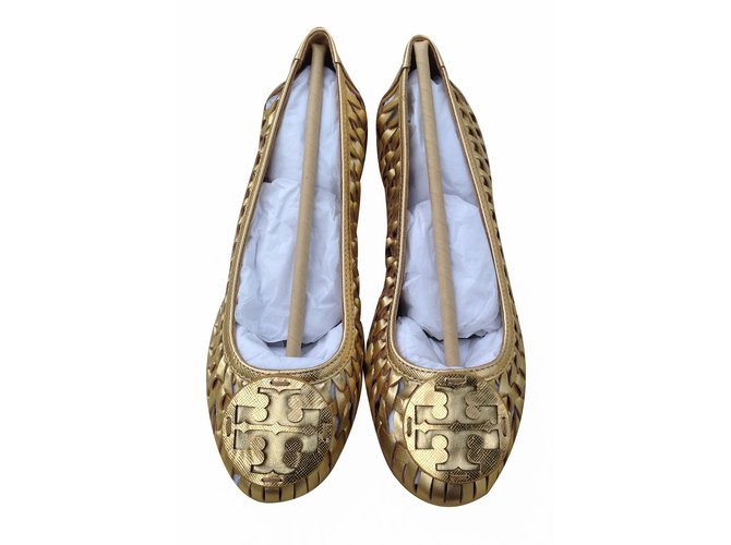 TORY BURCH GOLD Brand Huarache Logo Ballet Metallic Woven Leather Flats  ref.20598