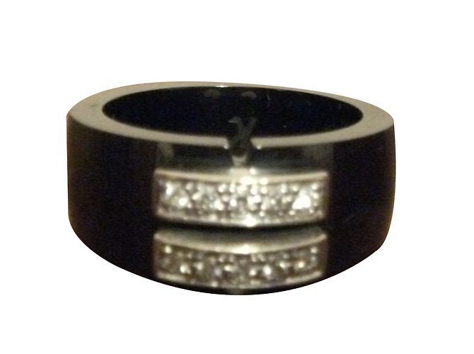 Autre Marque Black Ceramic Ring with Two Rows of Diamonds