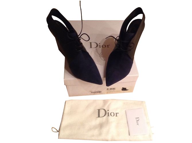 Bottines Christian Dior Cuir Noir et Velours Bleu Marine 39