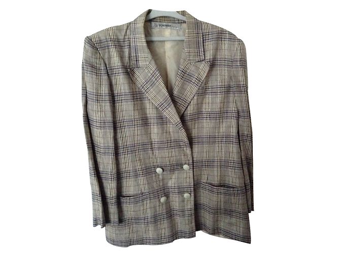 Jean Louis Scherrer Doppelrevers Blazer Leinen Hellgrau Blau Gestreift Anthrazitgrau