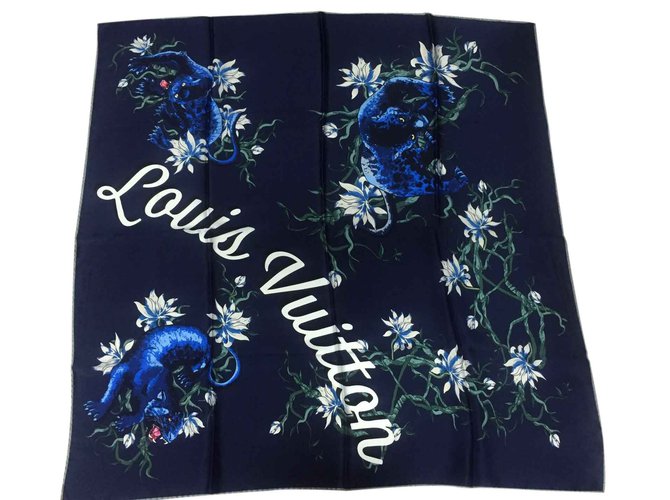 Louis Vuitton Black phanter silk scarf Navy blue  ref.23432
