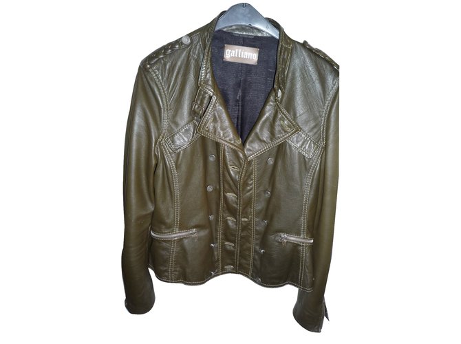 Galliano Biker jacket Khaki Leather  ref.24228