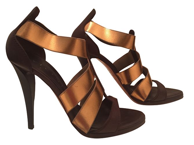 Vicini Gold Elastic Strap Leather Sandals Brown