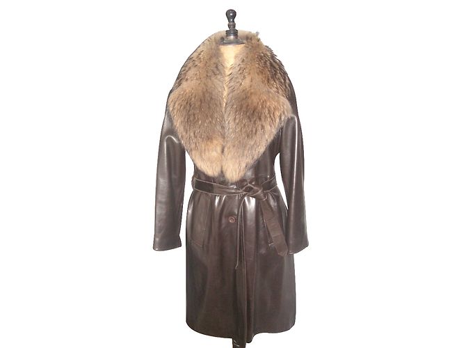 Weill Brown Leather Coat with Fox Fur Collar
