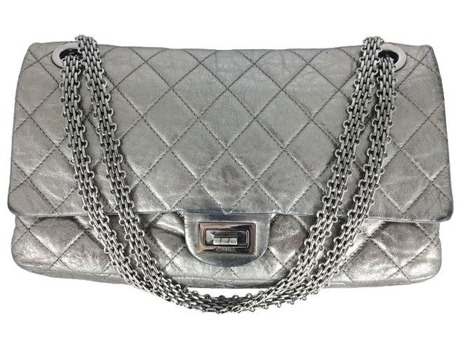 Chanel 2.55 XL Silver SHW Silvery Leather  ref.25542