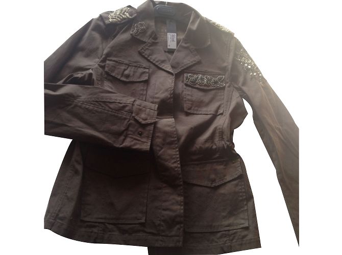 Giacca Ikks Sahariana in Cotone Khaki con Ricami di Perle Cachi
