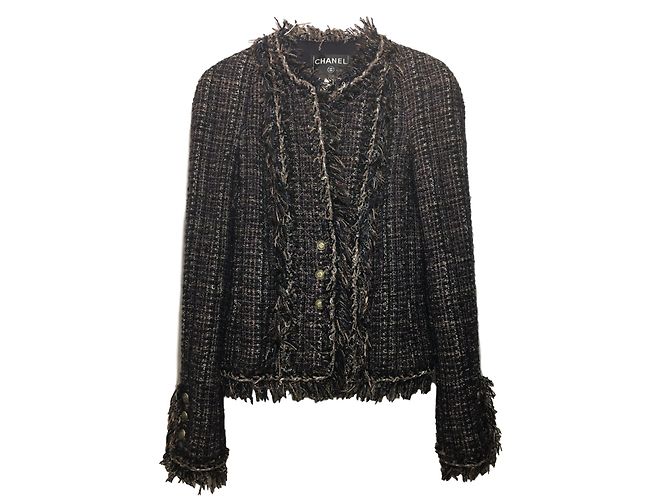 Chanel tweed Jacket Brown Black Silvery Grey