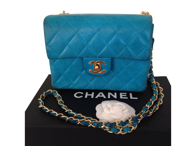 Classique Chanel Mini Timeless turquoise Cuir Bleu  ref.26545