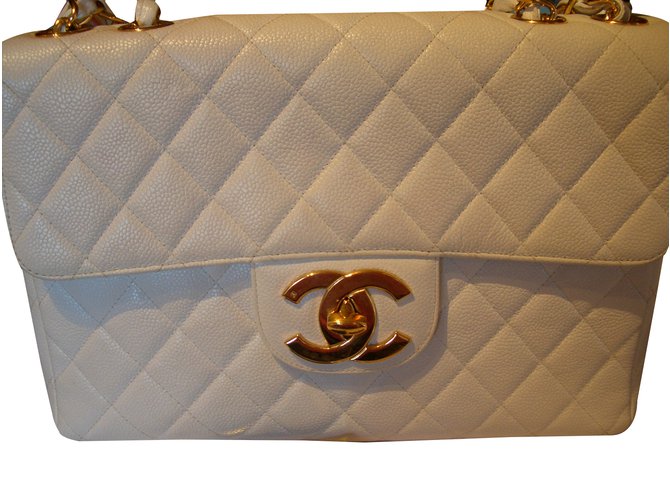 Chanel JUMBO CAVIAR White Leather  ref.26222