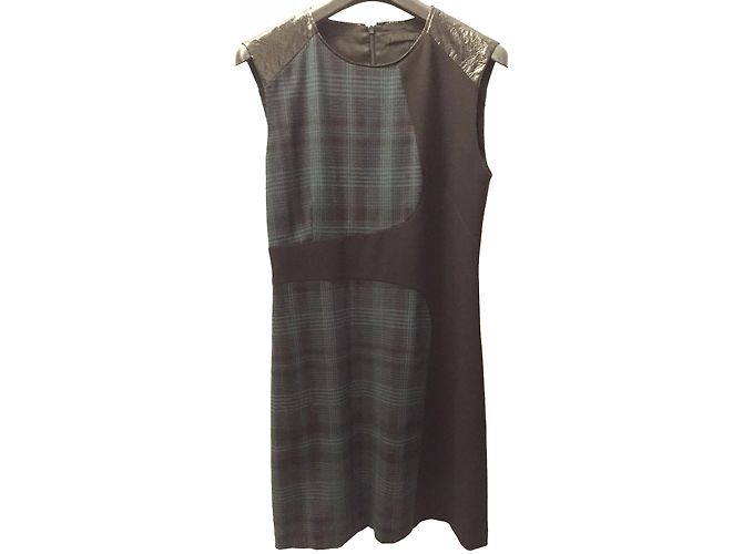 Pinko Schwarzes Wollkleid mit Karomuster und Kunstleder Einsätzen