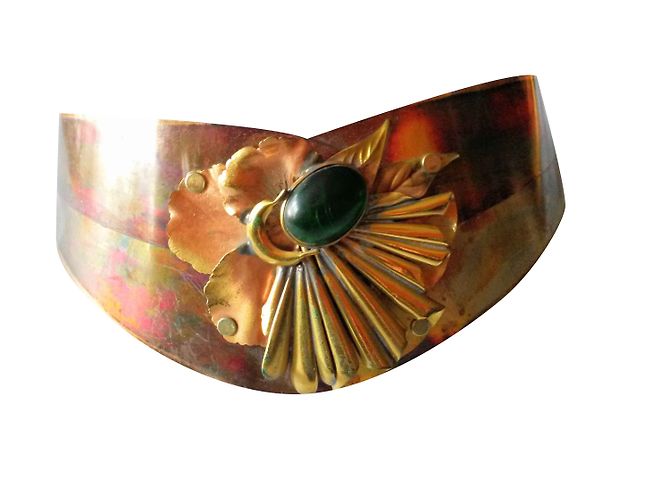 Autre Marque Bronze Leaf Pattern Belt with Green Stone