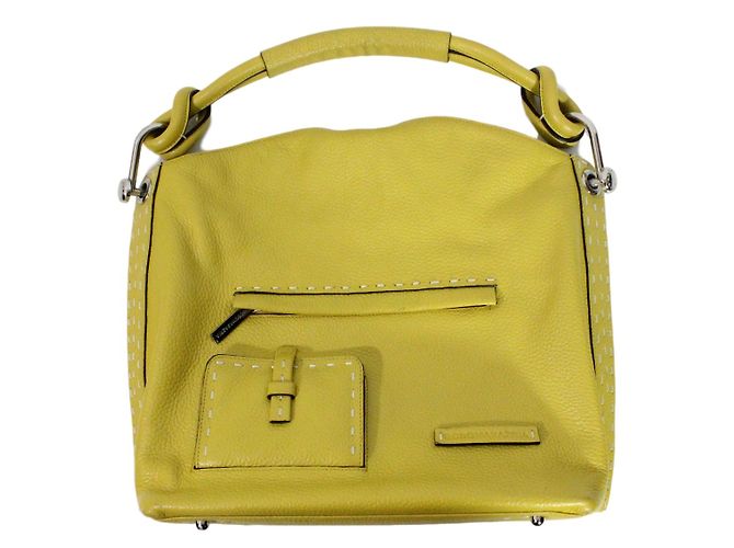Bolsa de mão Bcbg Max Azria em couro amarelo com costuras brancas