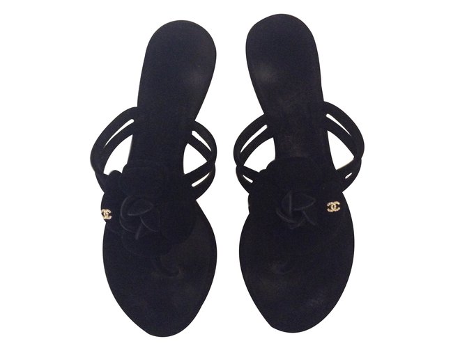 CHANEL Sandals Velvet Black Shoes