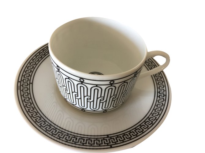 Hermès Teacup and Saucer Black White Ceramic  ref.28861