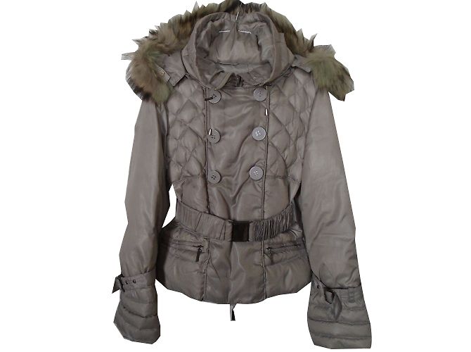 Pellessimo Quilted Polyester Coat with Removable Fox Fur Hood Taupe