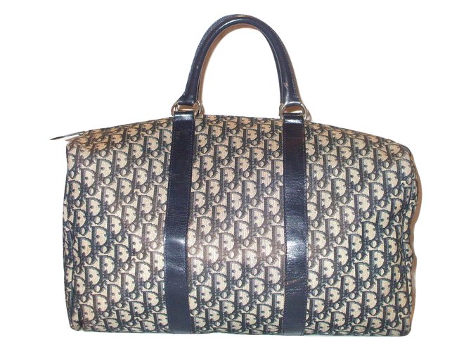 Christian Dior Vintage travel bag Blue Beige Leather Cloth  ref.29113