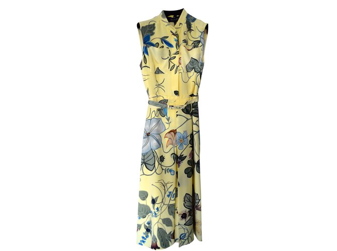 Gucci Ärmelloses Kleid mit Blumendruck Gelb Seide  ref.29418