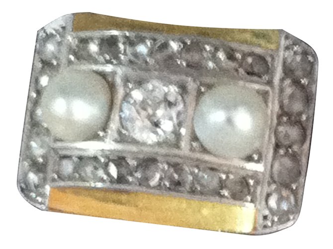 Autre Marque Bague Tank or jaune platine diamants et perles Doré  ref.29521