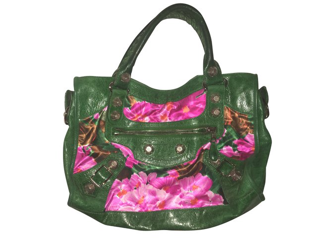 Balenciaga Handbag Pink Green Leather Cloth  ref.30137