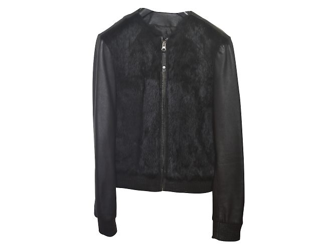 Mango black leather jacket with rabbit fur