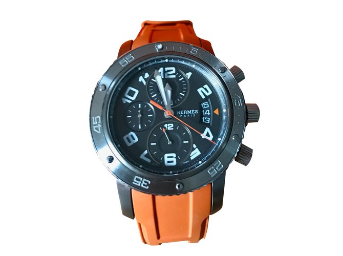 Hermès Relógios automáticos Laranja Cinza Borracha  ref.30489