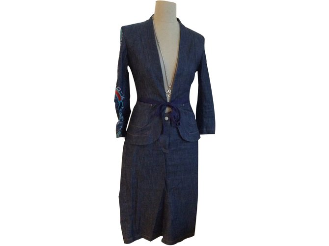 Christian Lacroix Skirt suit Blue Cotton  ref.30580