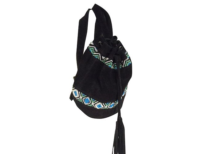 Mochila Antik Batik de couro preta com bordado de contas azuis Preto