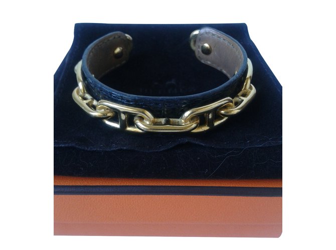 Hermès Bracelet Black Golden Leather Metal  ref.31640
