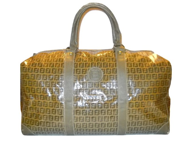 FENDI  vintage sac de voyage tissu Zucchino beige Cuir Toile Marron  ref.32412