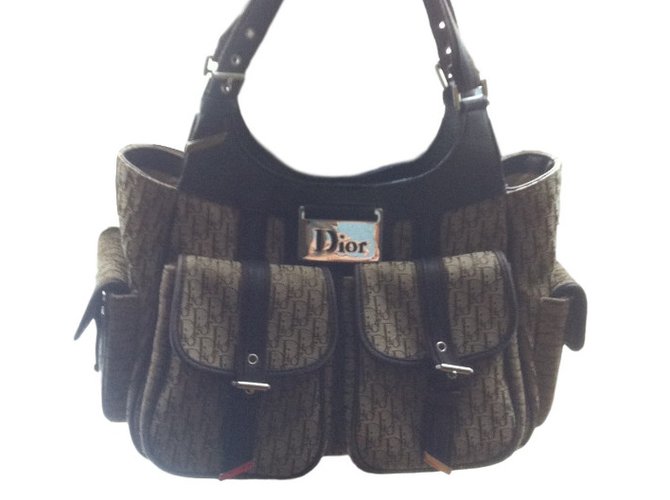 Christian Dior Fun Diorissimo Brown Beige Leather Cloth  ref.30614