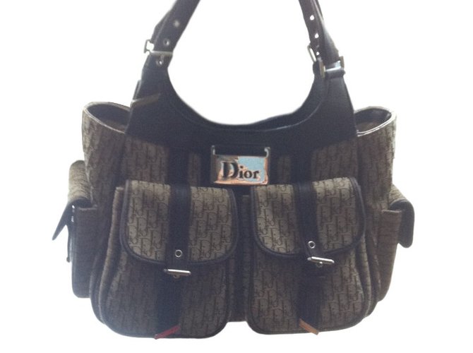 Christian Dior Fun Diorissimo Cuir Toile Marron Beige  ref.30614