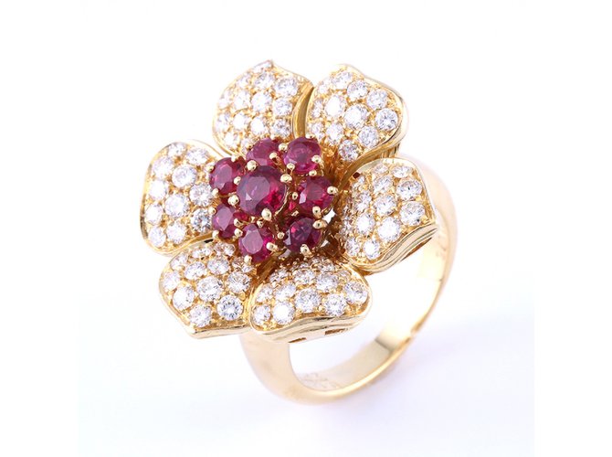 Picchiotti 18K Gold Diamond Ruby Cocktail Flower Ring Golden Yellow gold  ref.33041