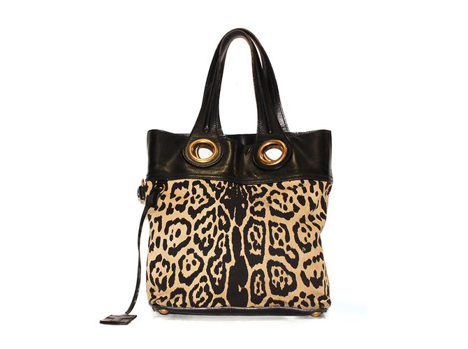 Yves Saint Laurent Shopping Tote Black Leopard print Leather Cloth  ref.33107