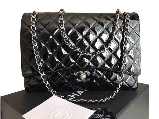 Chanel maxi double flap Black Patent leather  ref.34225