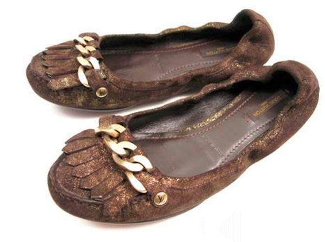 Louis Vuitton Bailarinas de couro marrom dourado
