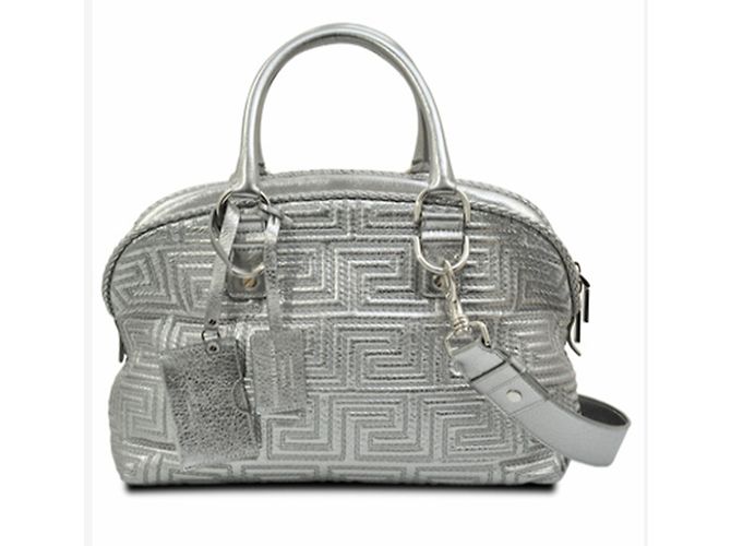 Gianni Versace Bolsa Bowling Prateada de Couro Cinza Metálico