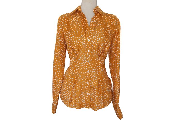 René Lezard Silk Polka Dot Blouse Beige Orange
