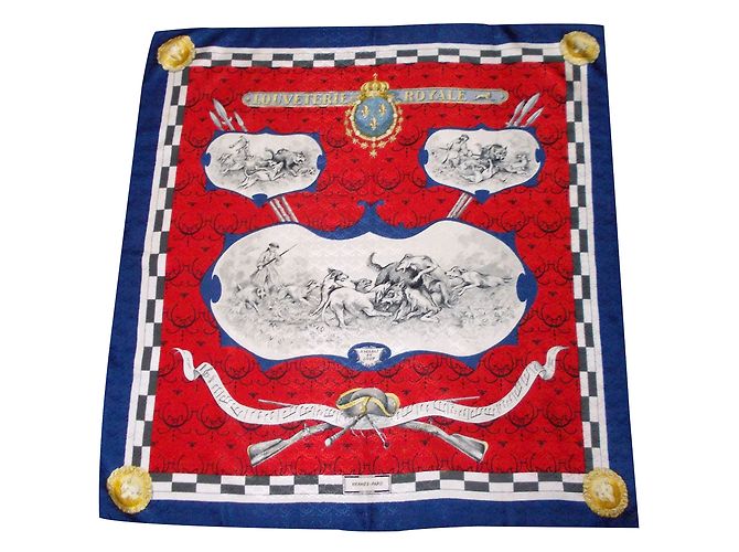Hermès Louveterie Royale Bianco Rosso Blu Seta