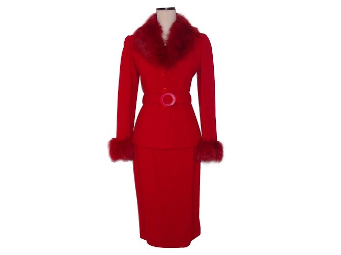 Autre Marque Tailleur jupe Donatella rouge en laine et fourrure de renard